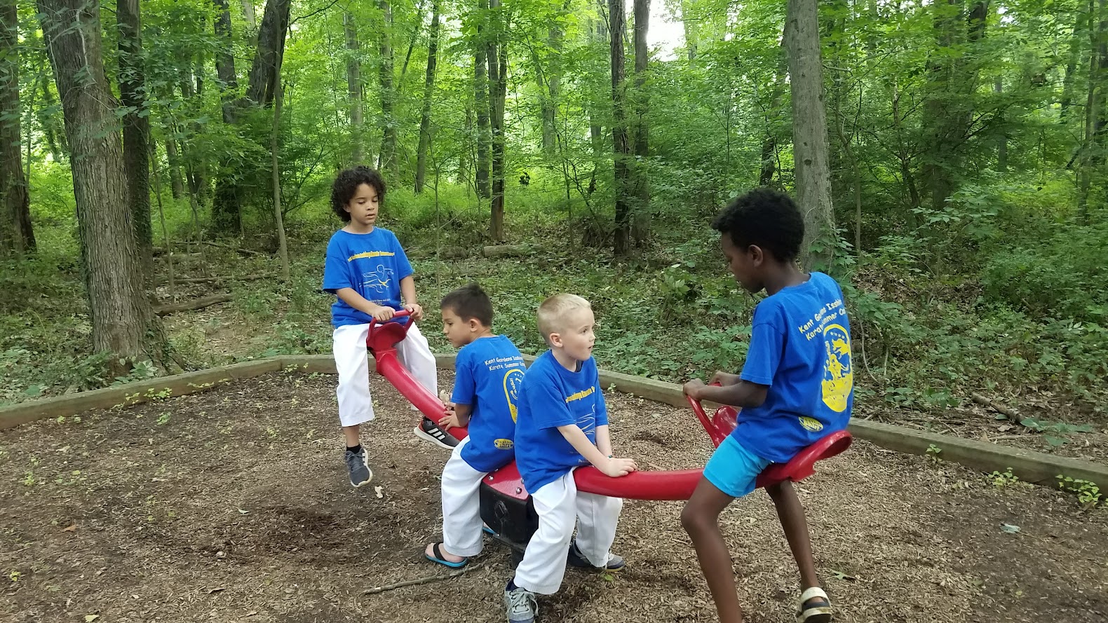 Kids on red seesaw in forest