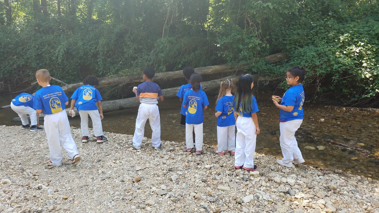 Kids standing by creek in forest