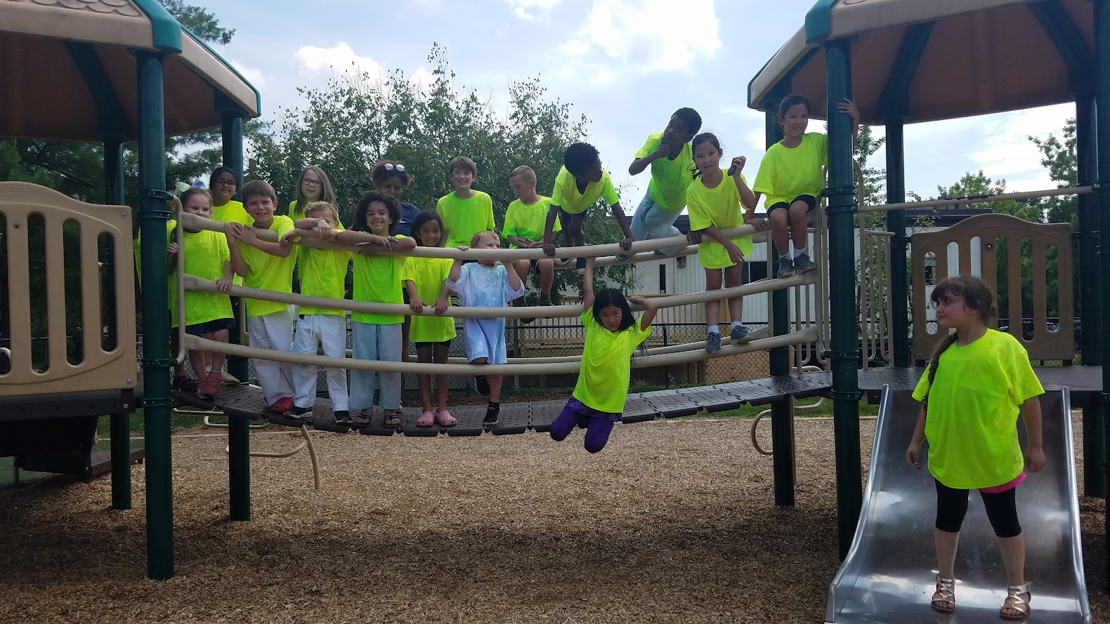 Large group on playground bridge